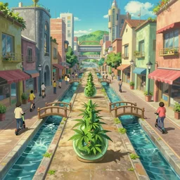 an optimistic futuristic city pedestrian mall with one or two mini cannabis pots, scenic water streams, idyllic mini bridges people on electric scooters in segregated lanes, pop motifs, by ghibli