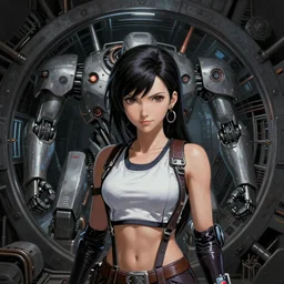 Beautiful stunning portrait of Tifa Lockhart by Greg Rutkowski. Tifa is hiding from a Shinra robot in the Reactor Core by Mark Arian. The Reactor Core is dark and stark and industrial by H.R. Giger. soft render, octane, intricate painting by Moebius. artstation Blank Canvas Scene by Tetsuya Nomura.