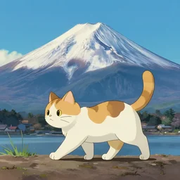 a calico cat walking up mount fuji in the style of studio ghibli