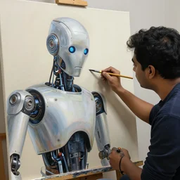 robot painting a robot on canvas, intricate, highly detailed, photorealistic, film still, by sachin teng.