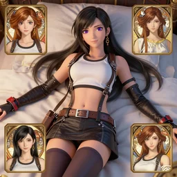 aerith gainsborough wearing tifa lockhart's outfit!!!, laying on a bed!!, hair, cg animation, riot entertainment, arcane, realistic, character select portrait, by artgerm, greg rutkowski, alphonse mucha, 3 d