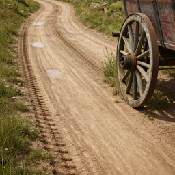 a dirt country road, puddles, wagon cart tracks, old wagon wheel, tufts of weeds, high detail, hd, render,