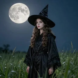 young witch in a black robe standing in the grass withn full moon in the sky over her head, detailed face, highly detailed, by greg rutkowski