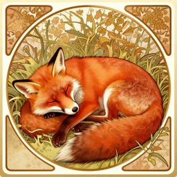 red fox sleeping, art by alphonse mucha, wlop, roasdraws