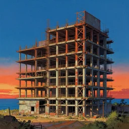 a beautiful detailed illustration of movie house unfinished building building industrial architecture by richard diebenkorn, retro cgsociety nightsky studio ghibli thermal vision sunset magic realism sea, archdaily, wallpaper, highly detailed, trending on artstation.
