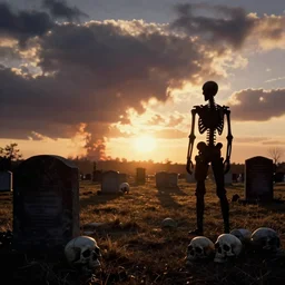 backlight on graves ,backlight on graveyard with backlight on skulls on the ground ,backlight on silhouette of a muscular skeleton watching nuclear explosion in far background, sunset cloudy panorama by frazetta