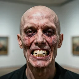 a perfect colour horrifying portrait photograph of a man with 7 million teeth. bulbous weeping blisters. perfect focus, studio lighting, gallery setting. inspired by atomic weapon testing