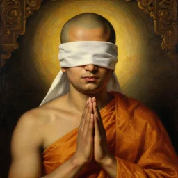 highly detailed potrait of blind folded with cloth srilankan cunning buddhist monk praying in baroque style, painting by gaston bussiere, craig mullins, j. c. leyendecker, lights, art by ernst haeckel, john william godward, hammershøi,