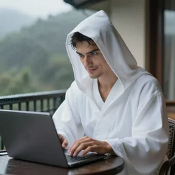 a guy with blue eyes, he is in a white robe with a hood, he is looking at the laptop, he is working at the laptop, he has a pride expression on his face and a little smile, he is on a balcony of a hotel, it is raining outside, highly detailed, sharp focus, unreal engine 5, 8 k