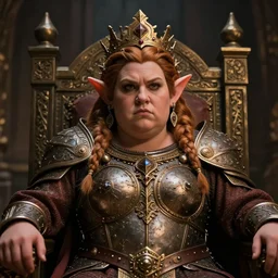 Portrait | chubby female dwarf queen | ornamental dwarven breastplate | elaborated braided hair | style by greg rutkowski, wayne reynolds, jeff easley dramatic light | high detail | cinematic lighting | artstation | Regal and Proud robust woman| bold serious expression | dungeons and dragons | throne room |