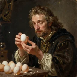 wizard examining eggs, fantasy oil painting by Rembrandt