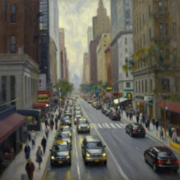 a stunning painting of 1 9 2 0 s new york city traffic by thomas kinkade and john aktinson grimshaw, matte painting, moody palette