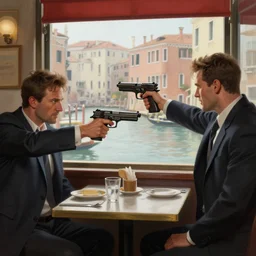 two criminals in suits aiming realistic 9 mm pistols at each other in a cafe in venice, window overlooking venice canals, digital painting, amazing detail, sharp, intricate, smooth, realistic faces, artstation, in the style of greg rutkowski and artgerm