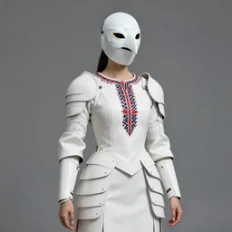 female adventurer in tight full - body white embroidered leather armor of vyshyvanka design and a japanese - style white porcelain crow mask, trending in artstation, ukrainian, establishing shot