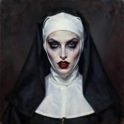hyperrealistic artnouveau dark scary portrait oil painting of a seducing spike lee vampire nun fine delicate details dark and blurry colors in style of michael hussar and alexandermcqueen