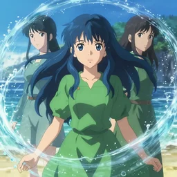 makoto shinkai, ilya kuvshinov, beautiful anime women with green dress, long blue hair, water powers water swirling, symmetrical face, symmetrical eyes, detailed, beach setting, cinematic lighting
