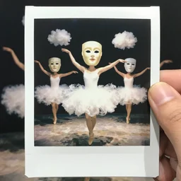 polaroid of headless dancers that are made from cotton candy, smoke and clouds, wearing giant paper masks, mix