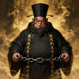 dressed in black robes and high hats, robes with golden characters, fat, fierce - looking, devilish, eyes, big red eyes, shackles in his hands, surrounded by this fine golden smoke hd artwork by akihiko yoshida