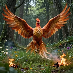 a large phoenix in a forest, surrounded by a patch of grass and flowers that aren't being burnt, hd, fantasy, ethereal fantasy hyperdetailed