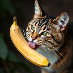a cat licking a banana