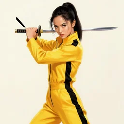 drawing of a beautiful uma thurman in kill bill, wearing a yellow jumpsuit with a black stripe, swinging katana, beautiful confident and piercing eyes, beautiful blonde hair, hyper realistic face, with autumn leafs, in the style of greg rutkowski, amazing detail, epic, elegant, smooth, sharp focus, from the front