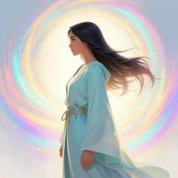 side profile, maya ali, gloomhaven, wind sorcerer, dota 2 character, robes, unreal engine, elegant, smooth, bright backlit, colorful swirly magic ripples, pastel colors, by greg rutkowski, jesper ejsing, ilya kuvshinov, artgerm, mucha