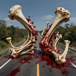 hyper realistic blood and bones on highway, art by greg rutkowski, intricate, ultra detailed, photorealistic, vibrante colors, trending on artstation, octane render, 4 k, 8 k