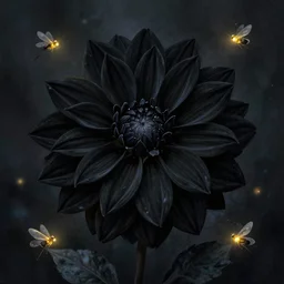 beautiful _ _ _ digital _ _ _ matte _ sharp _ focus _ _ _ painting _ _ _ of _ _ _ whimsical _ _ _ botanical _ dahlia _ _ illustration _ _ _ black _ _ _ flowers _ _ _ fireflies _ _ _ enchanted _ _ _ dark _ _ _ background _ _ _ ethereal