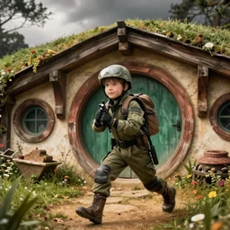 a kid in swat gear storming a hobbit house.