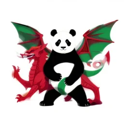 wide angle vector art of panda with welsh dragon wings and tail, intercrossed, chimera, welsh flag, adobe illustrator, full body in frame