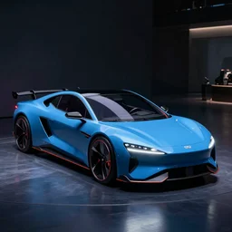 A futuristic blue car from 2050, cyberpunk, night