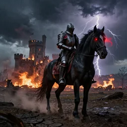 a castle in distance in flames and ruins, the ground is dark and cracked, a large man in full plate of black armor, splattered in blood, riding a large black horse with red glowing eyes and red wisps emanating from it's eyes, blackened clouds cover sky crackling with lightning and rain in the distance,,