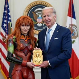biden giving asuka from evangelion the medal of honor, 4 k, president