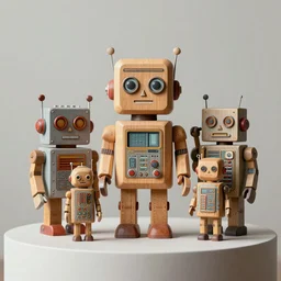 realistic a wooden sculpture art toys collection on a pedestal a very cute figurine robot retrofuturiste popart