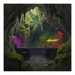 cyberpunk nightclub in a mossy dripstone cave. oil painting by award - winning concept artist. backlighting, chiaroscuro, field of depth.