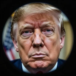 an extreme close - up fisheye lens photograph of donald trump!!! highly detailed, photo - realistic