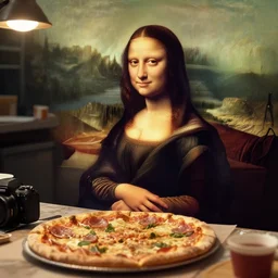 bored Mona Lisa working at Sbarro pizza on the night shift, DSLR photo, 4k
