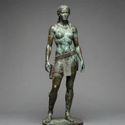 detailed photo of an old bronze patina statue of a lara croft full body portrait, intricate detail, museum diffuse lighting