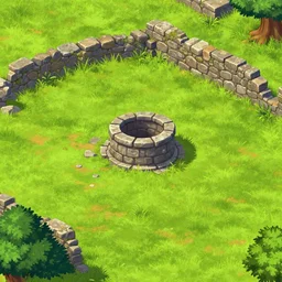 empty grass field with the ruins of a stone well, at midday, from a point and click 2 d graphic adventure game, art inspired by thomas kinkade, king's quest, sierra entertainment games