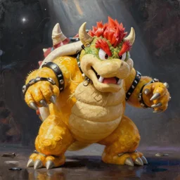 bowser is the evil boss you have to fight in super mario galaxy, dramatic cinematic, oil painting on canvas