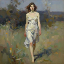 a painting of a gorgeous woman walking toward the camera, in the style of gertrude abercrombie, digital art