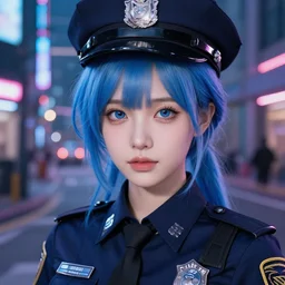 a pretty korean girl with blue hair, dj sura face, wearing a female police uniform, cyberpunk night city street background, professionally retouched, soft lighting, feather hair, realistic, smooth face, perfect eyes, wide angle, sharp focus on eyes, 8 k high definition, insanely detailed, intricate, elegant, art by artgerm and greg rutkowski and j scott campbell