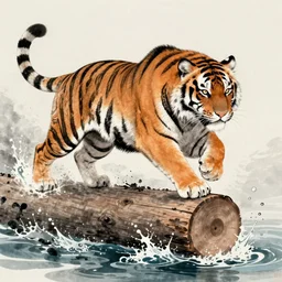 a mighty tiger jumping over a wooden log that is above splashing water, Chinese Art