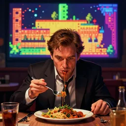 michael j fox eating dinner gameplay still frame, 4 colors, pixel art, retro, splash screen, level design, high contrast, background, deep focus, highly detailed, dramatic lighting, digital painting, artstation, concept art, matte, greg rutkowski, moebius, illustration.
