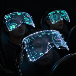 visors with curved translucent screens projecting detailed vitals ( 2 0 4 2 ), pixel perfect photograph, high contrast, volumetric lighting, thin glowing lights, chair, users, pair of keys