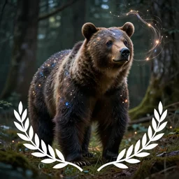 fantasy painting of bear with magical marks and glowing magical wisps, dark forest in background