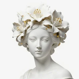 full head and shoulders, beautiful female porcelain sculpture by daniel arsham and james jean, smooth skin. all white features on a clear white background, delicate facial features, white eyes, white lashes, detailed white, lots of 3 d giant lillies on head, gold leaf