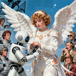 a beautiful space angel fixing an android by dan mumford and alberto vargas and gil elvgren and william etty and norman rockwell, vibrant, white outfit, highly detailed, intricate, orange details, blue sky, comic lines, hyperrealism