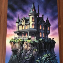 glossy old advertising poster of a haunted mansion on a cliff, horror, drawn comic by junji ito, pastels, gradient,