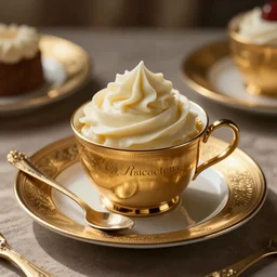 ultra realistic photo of a cup of delicatessen pasticceria dolce cream in golden cup with rich details and luxury plates